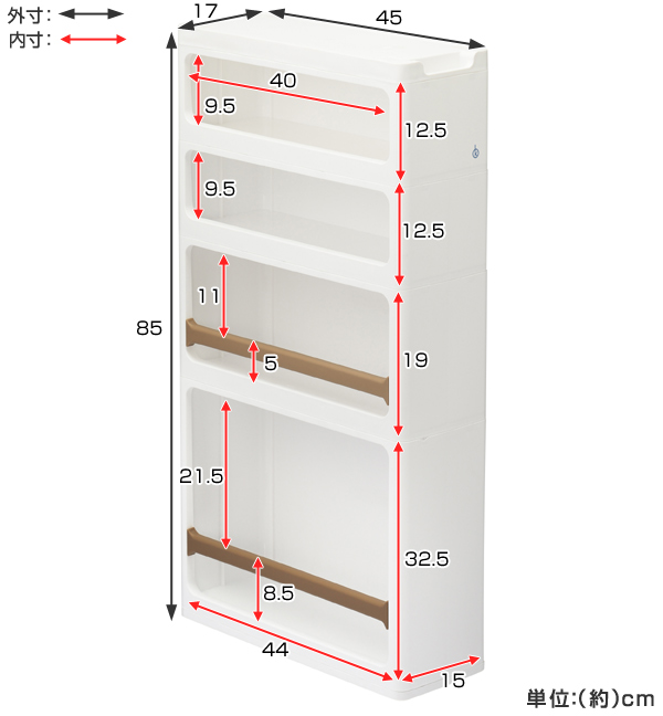 隙間収納 ストランティ ラックC 4段 17cm プラスチック製 コロ付き 完成品 （ キッチン 収納 すき間収納 ラック 隙間 キッチン収納  幅17cm 収納ストッカー キッチンストッカー スリム 組み立て不要 ） 【 ブラウン 】