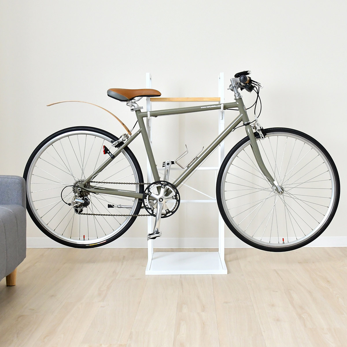 自転車スタンド 1台用 日本製 天然木 スチール 室内用 賃貸 ( サイクルスタンド サイクルラック ディスプレイ 1台 棚付 コレクション 転倒防止 盗難防止 室内 収納 ラック ホワイト ブラック ) 【ホワイト】 ホワイト