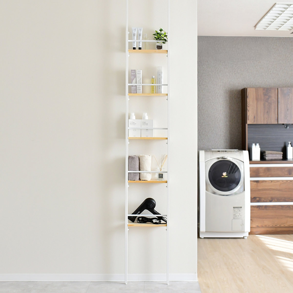 突っ張りラック 幅40cm オープンラック 5段 ウォールラック スリム 壁面収納 ( ラック 壁面 収納 奥行12.5cm 突っ張りオープンラック 小物収納 すき間 壁面ラック 収納ラック つっぱり 可動棚 ディスプレイ 省スペース ) 【ホワイト】 ホワイト