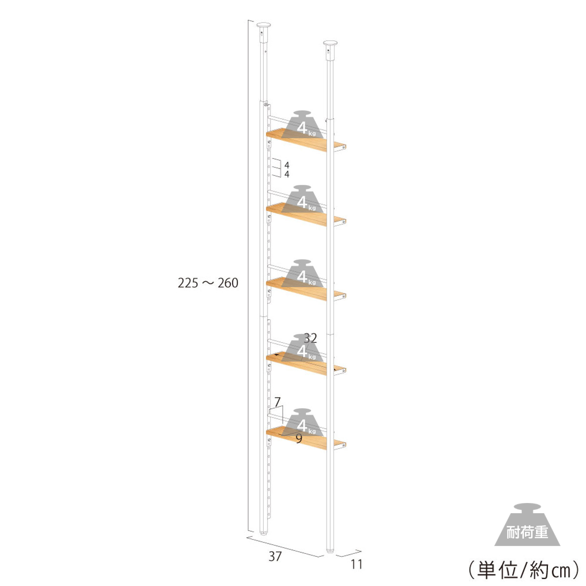 突っ張りラック 幅40cm オープンラック 5段 ウォールラック スリム 壁面収納 ( ラック 壁面 収納 奥行12.5cm 突っ張りオープンラック 小物収納 すき間 壁面ラック 収納ラック つっぱり 可動棚 ディスプレイ 省スペース ) 【ホワイト】 ホワイト