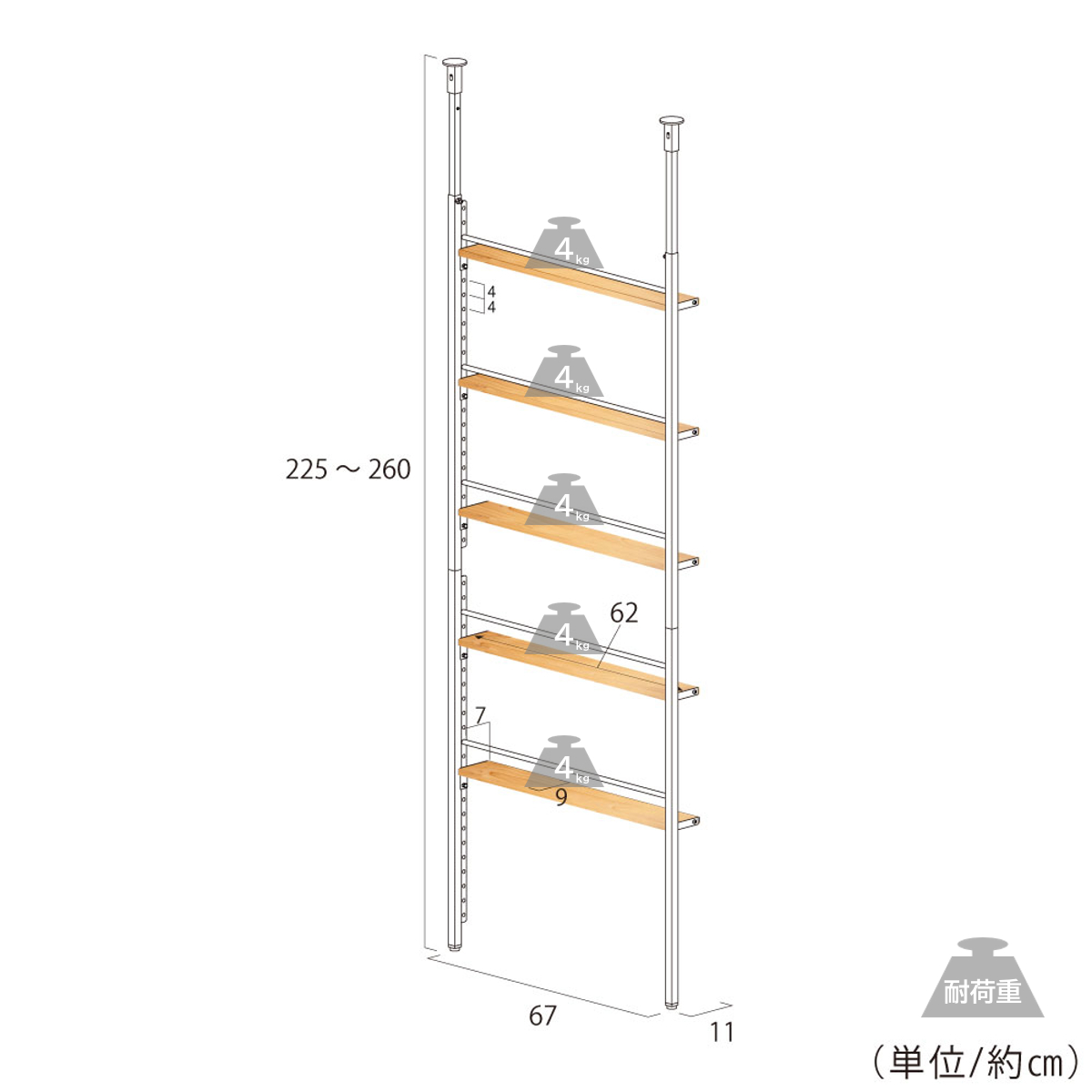 突っ張りラック 幅70cm オープンラック 5段 ウォールラック スリム 壁面収納 ( ラック 壁面 収納 奥行12.5cm 突っ張りオープンラック 小物収納 すき間 壁面ラック 収納ラック つっぱり 可動棚 ディスプレイ 省スペース ) 【ホワイト】 ホワイト