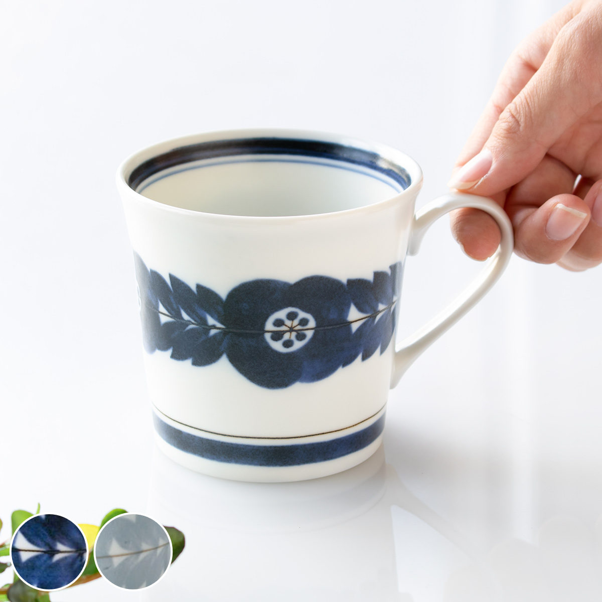 マグカップ 320ml ブロッサム 磁器 美濃焼 （ 食洗機対応 電子レンジ対応 カップ マグ コップ 食器 花 手描き風 おしゃれ コーヒーカップ 取っ手 ） 【グレー】