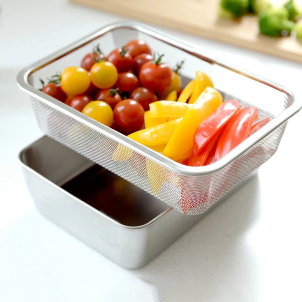 ザル バット セット 蓋付き深型ステンレスバット・角型ザルセット ステンレス製 ( 角バット 角ザル 深型バット ステンレスバット ステンレスザル ざる 角ざる 深型ザル コランダー )