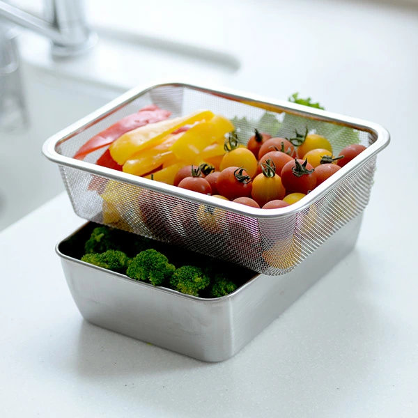 ザル バット セット 蓋付き深型ステンレスバット・角型ザルセット ステンレス製 ( 角バット 角ザル 深型バット ステンレスバット ステンレスザル ざる 角ざる 深型ザル コランダー )