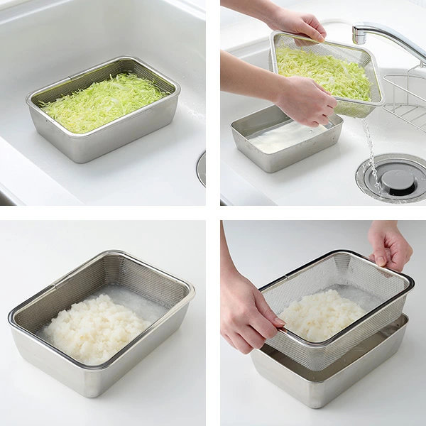 ザル バット セット 蓋付き深型ステンレスバット・角型ザルセット ステンレス製 ( 角バット 角ザル 深型バット ステンレスバット ステンレスザル ざる 角ざる 深型ザル コランダー )