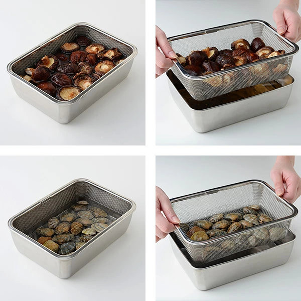 ザル バット セット 蓋付き深型ステンレスバット・角型ザルセット ステンレス製 ( 角バット 角ザル 深型バット ステンレスバット ステンレスザル ざる 角ざる 深型ザル コランダー )