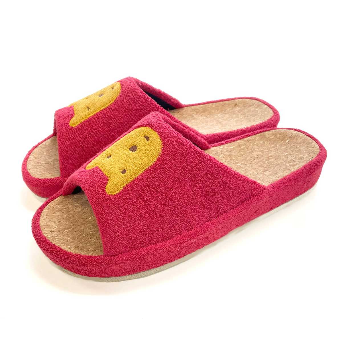 スリッパ のほほん M 約23.0cm ( 室内 レディース マタノアツコ コルクスリッパ パイル生地 アップリケ 刺繍 前開き ルームスリッパ トイレ インテリア雑貨 自宅 室内用 静音 くま ) 【ネイビー】 ネイビー