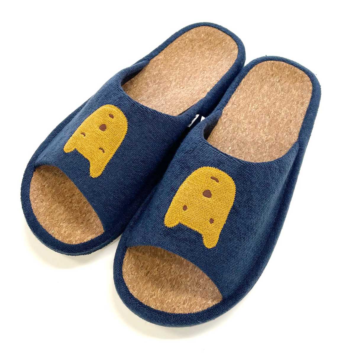 スリッパ のほほん L 約25.0cm ( 室内 マタノアツコ コルクスリッパ パイル生地 アップリケ 刺繍 前開き ルームスリッパ トイレ インテリア雑貨 自宅 室内用 静音 くま ) 【ネイビー】 ネイビー