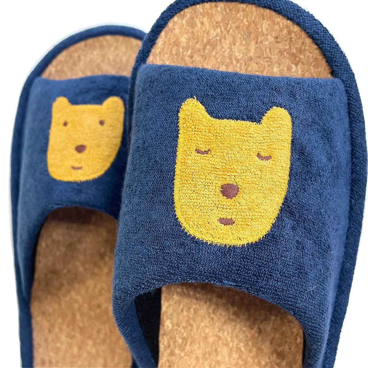 スリッパ のほほん L 約25.0cm ( 室内 マタノアツコ コルクスリッパ パイル生地 アップリケ 刺繍 前開き ルームスリッパ トイレ インテリア雑貨 自宅 室内用 静音 くま ) 【ネイビー】 ネイビー