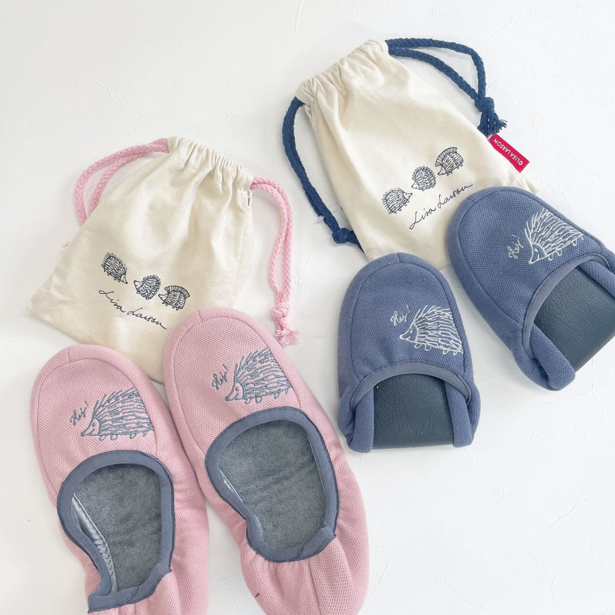 携帯スリッパ リサ・ラーソン はりねずみ携帯スリッパ 約22.0~23.0cm ( 洗える 室内 レディース リサラーソン ハリネズミ 雑貨 持ち運び かかとあり ルームスリッパ 携帯用 インテリア雑貨 自宅 室内用 静音 北欧 巾着付き ) 【ピンク】 ピンク