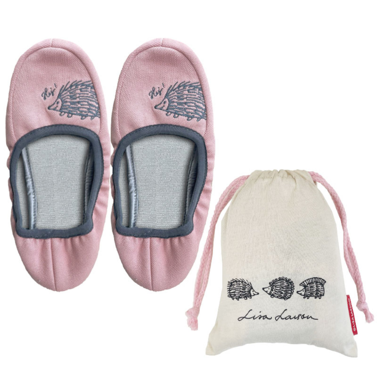 携帯スリッパ リサ・ラーソン はりねずみ携帯スリッパ 約22.0~23.0cm ( 洗える 室内 レディース リサラーソン ハリネズミ 雑貨 持ち運び かかとあり ルームスリッパ 携帯用 インテリア雑貨 自宅 室内用 静音 北欧 巾着付き ) 【ピンク】 ピンク