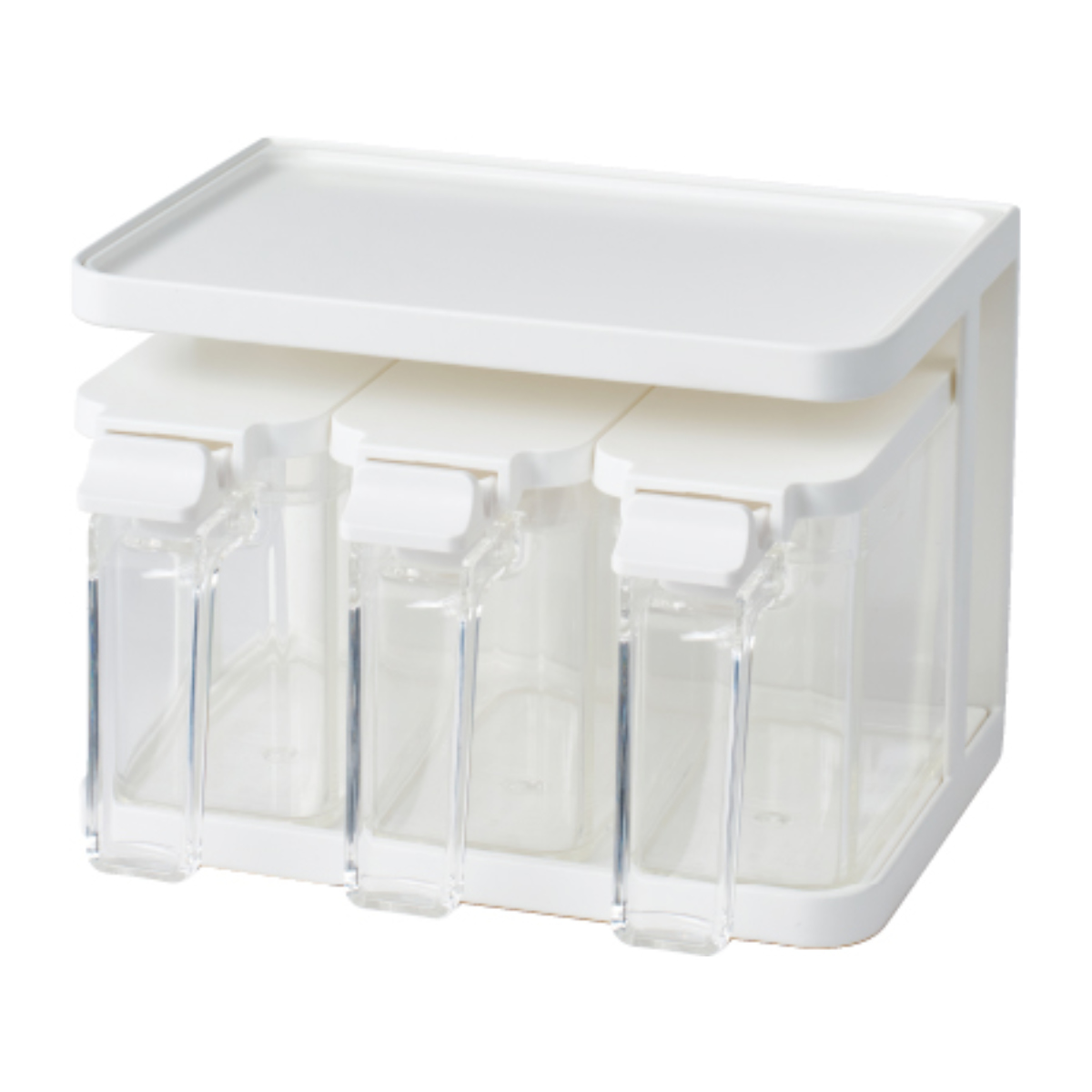 調味料ポット 450ml 3点セット マグネットラック付き フォルマ S ( 調味料入れ セット ラック 保存容器 キャニスター 密閉 3個組 ケース付き ワンタッチ 片手 ロック プラスチック スプーン付き 調味料スタンド 浮かせる収納 )