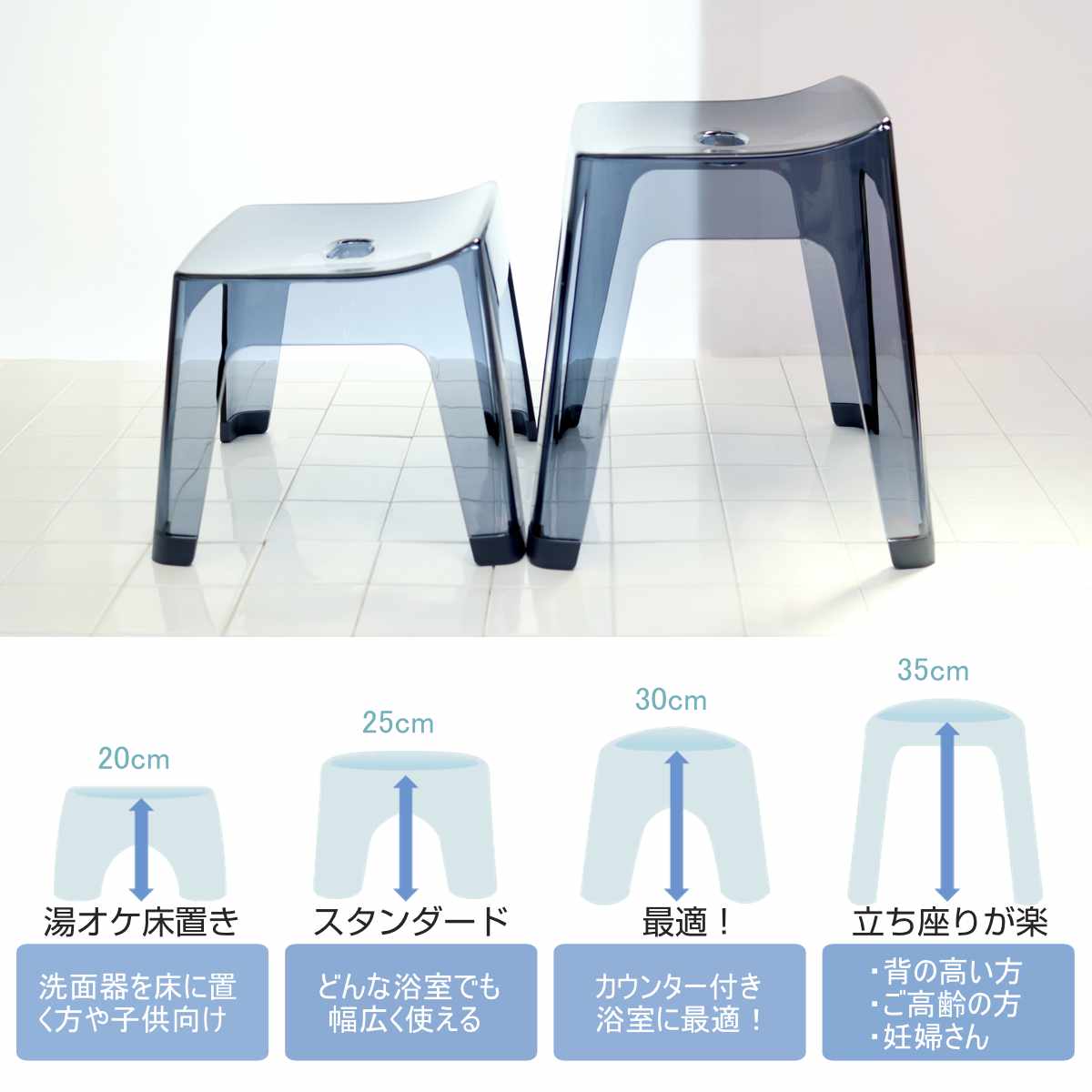 風呂椅子 レリッシュ 高さ35cm 日本製 ( 風呂イス 風呂いす バスチェア 35cm クリア 透明 お風呂 椅子 イス 高級感 おしゃれ 風呂 いす 腰掛け 浴室 入浴 すべり止め 丈夫 バスグッズ 無地 ) 【クリア】 クリア