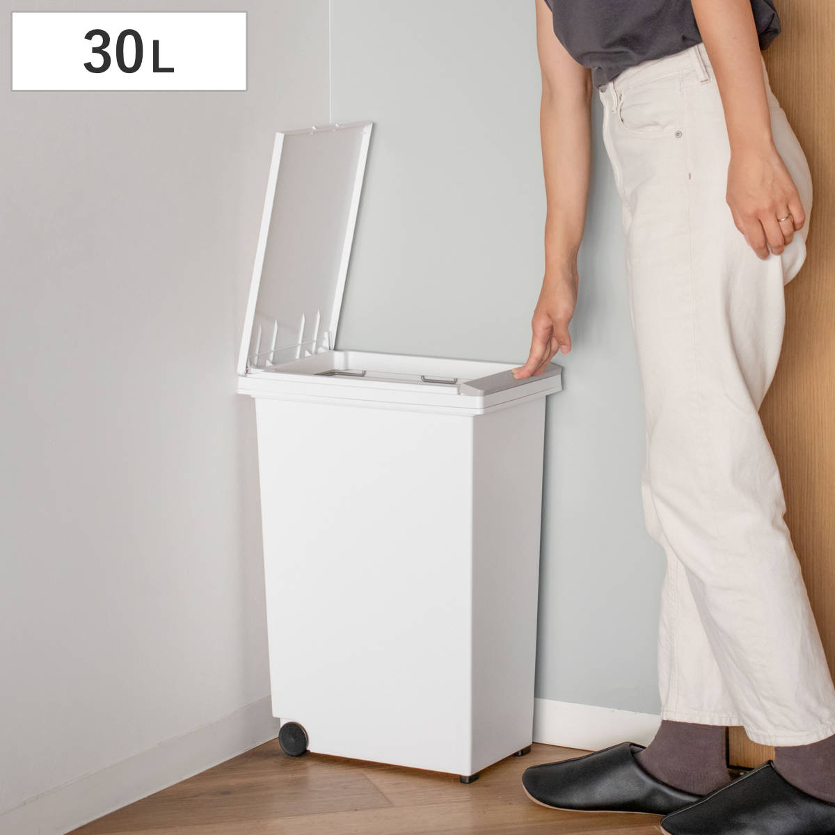 ゴミ箱 30L エバン プッシュペールホワイト プッシュ式 キャスター付き ( ごみ箱 30リットル ワンタッチ ふた付き 縦型 スリム キッチン シンプル EBAN 袋止め付き 袋が見えにくい ダストボックス )