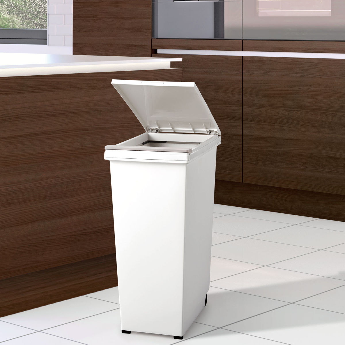 ゴミ箱 45L エバン プッシュペールホワイト プッシュ式 キャスター付き ( ごみ箱 45リットル ワンタッチ ふた付き 縦型 スリム キッチン シンプル EBAN 袋止め付き 袋が見えにくい ダストボックス )