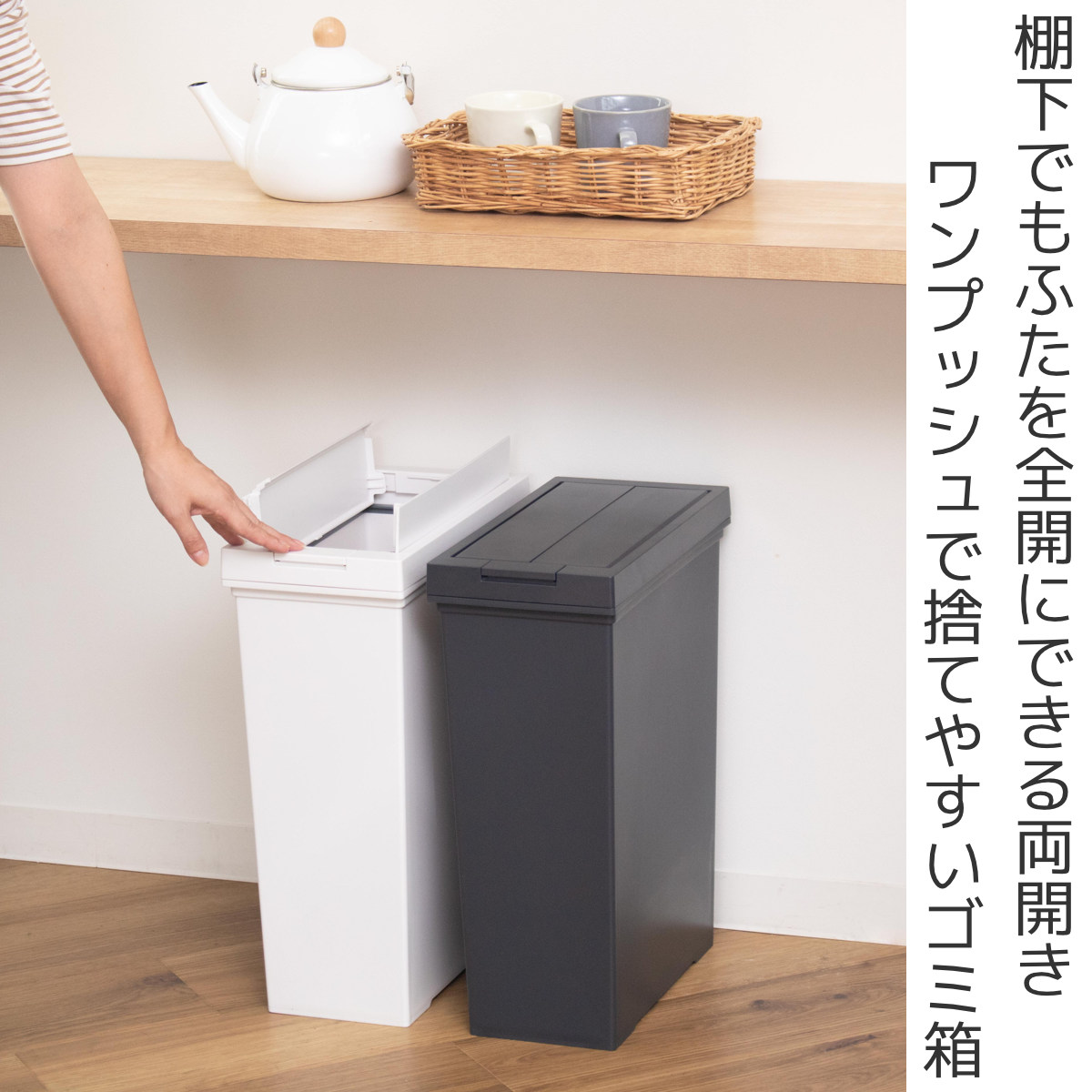 ゴミ箱 20L 棚下で使える 両開き プッシュダスト 袋止め付き ( ごみ箱 20リットル 棚下 手で開ける ふた付き 便利 シンプル 日本製 袋が見えにくい スリム キッチン ダストボックス 角型 ) 【ブラック】 ブラック