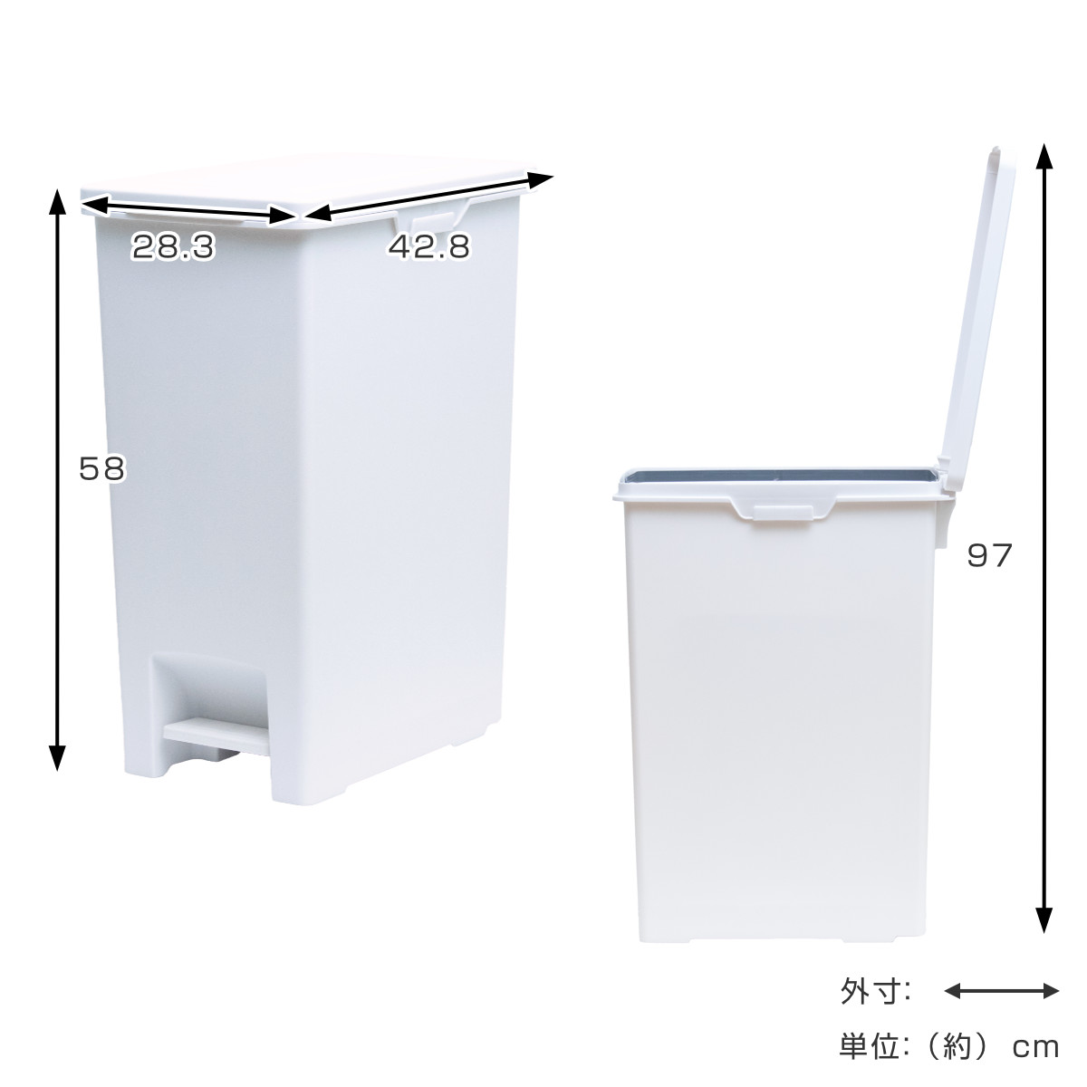 ゴミ箱 45L エバンペダルペール ペダル式 ( 45リットル スリム キッチン 分別 ごみ箱 ダストボックス ペダル シンプル 3分別 蓋つき 足踏み 縦型 プラスチック フタ付き 蓋付き 袋 見えない ペール おしゃれ 分別ゴミ箱 角型 ) 【ホワイト】 ホワイト