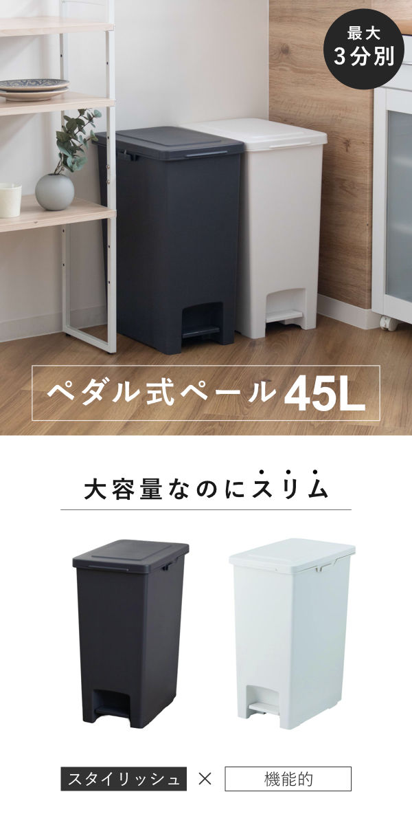 ゴミ箱 45L エバンペダルペール ペダル式 ( 45リットル スリム キッチン 分別 ごみ箱 ダストボックス ペダル シンプル 3分別 蓋つき 足踏み 縦型 プラスチック フタ付き 蓋付き 袋 見えない ペール おしゃれ 分別ゴミ箱 角型 ) 【ホワイト】 ホワイト