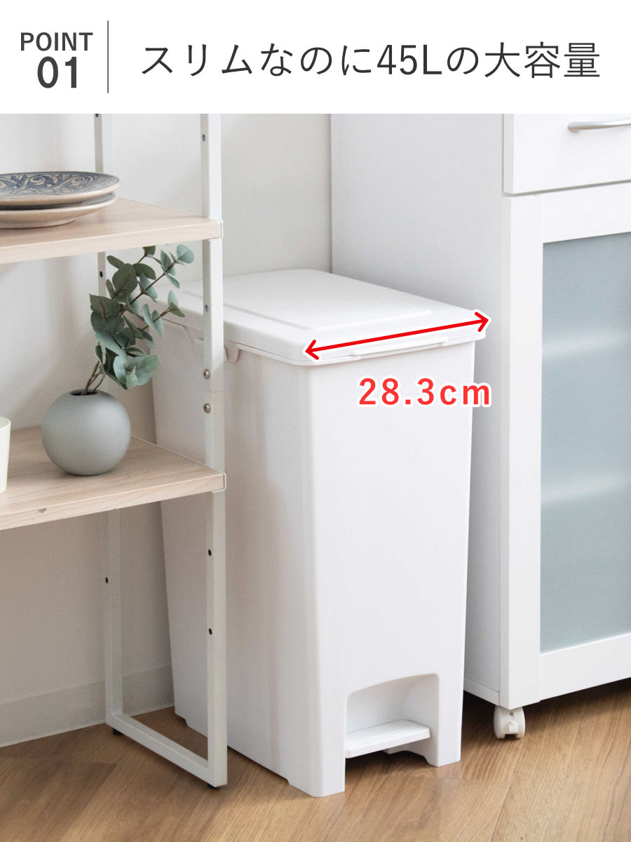 ゴミ箱 45L エバンペダルペール ペダル式 ( 45リットル スリム キッチン 分別 ごみ箱 ダストボックス ペダル シンプル 3分別 蓋つき 足踏み 縦型 プラスチック フタ付き 蓋付き 袋 見えない ペール おしゃれ 分別ゴミ箱 角型 ) 【ホワイト】 ホワイト