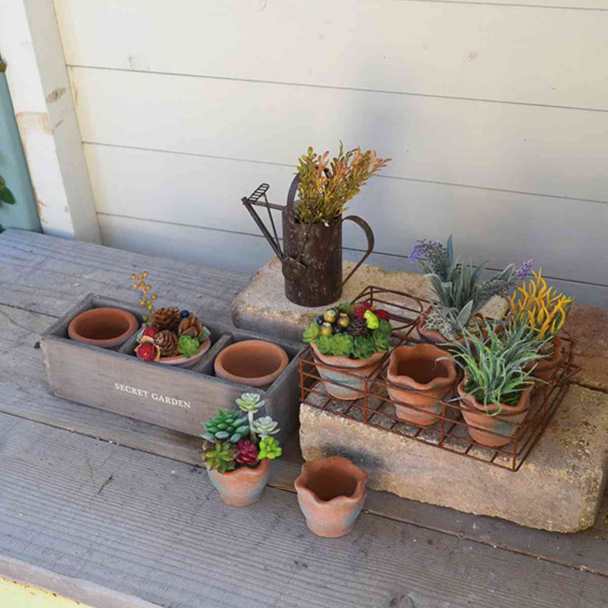 プランター 木箱ボックス テラコッタポット3個付き L