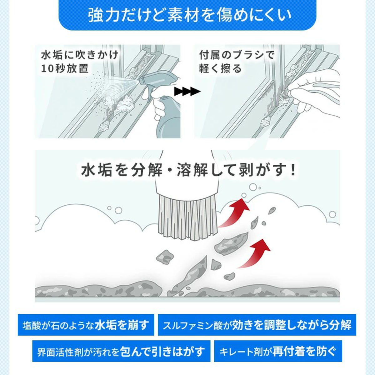 水垢落とし アズマジック水アカ洗剤 ブラシ付 ( 水あか お風呂 風呂 浴室 浴槽 蛇口 水栓 鏡 ウロコ 除去 クリーナー 酸性 掃除 洗剤 ブラシ付き 強力 頑固 プロ 仕様 うろこ取り 湯垢 金具 シャワーヘッド シンク キッチン )