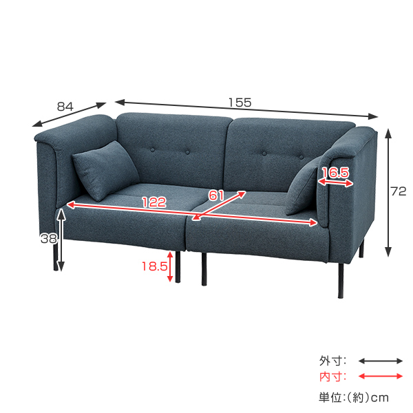 ソファ 2人掛け 肘付 フロアソファ フレック 幅155cm ( ソファー リビングソファ フロアソファ コンパクト 2人 二人 掛け 2P チェアー チェア 椅子 いす イス 布 張り 製 おしゃれ 肘あり 肘付き 脚付き ローソファ ) 【 ダークグレー 】 ダークグレー