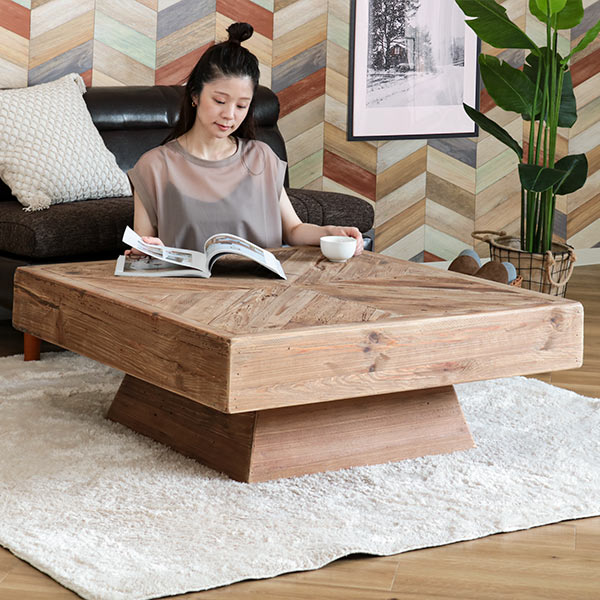 ローテーブル 幅100cm 木製 天然木 古材 正方形 ヴィンテージ調 ...