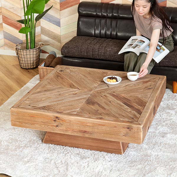 ローテーブル 幅100cm 木製 天然木 古材 正方形 ヴィンテージ調 ヘリンボーン テーブル （ センターテーブル リビングテーブル 机 パイン材  大型 カフェテーブル コーヒーテーブル オフィス 店舗 ディスプレイ おしゃれ ）
