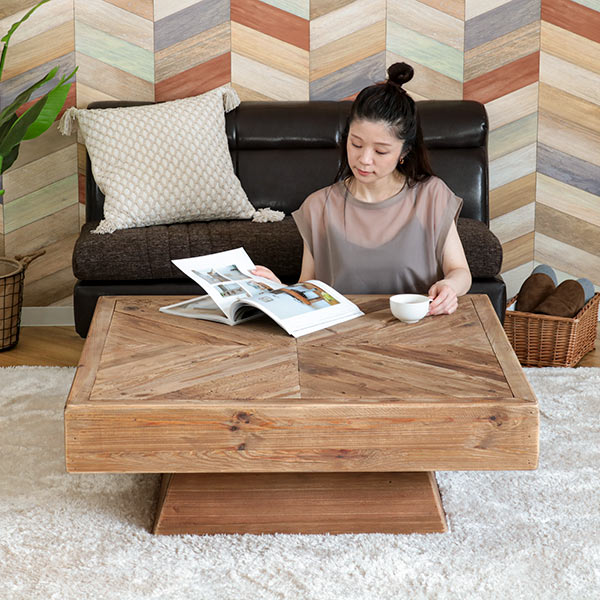 ローテーブル 幅100cm 木製 天然木 古材 正方形 ヴィンテージ調 ヘリンボーン テーブル （ センターテーブル リビングテーブル 机 パイン