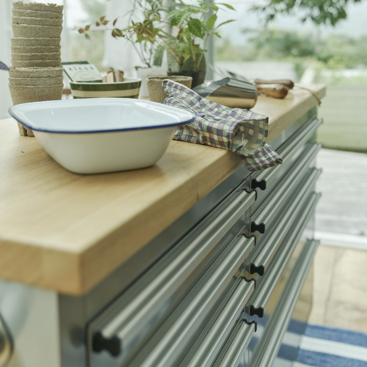 ツールキャビネット 幅137cm ステンレス製 木天板 キャスター付