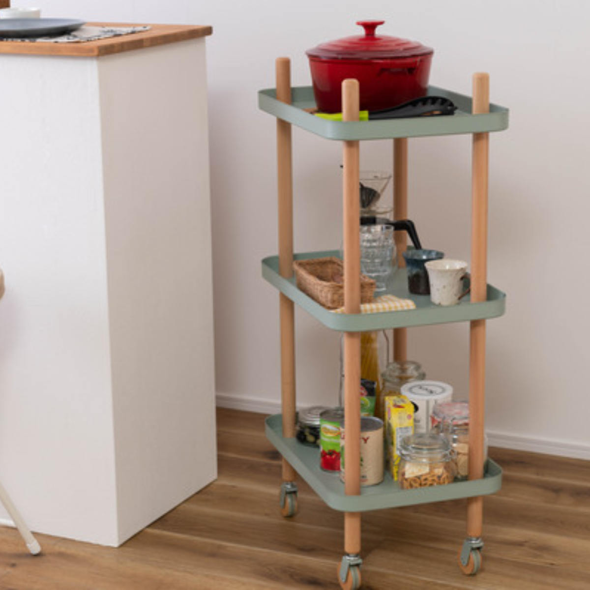 キャスターワゴン 幅50.5cm 3段 ナチュラルデザイン Sylph ( 収納ラック 収納 ワゴン ラック キッチンワゴン サイドワゴン キッチン収納 収納棚 多目的ラック シンプル 北欧 モダン ナチュラル スチール 白 緑 おしゃれ ) 【グリーン】 グリーン