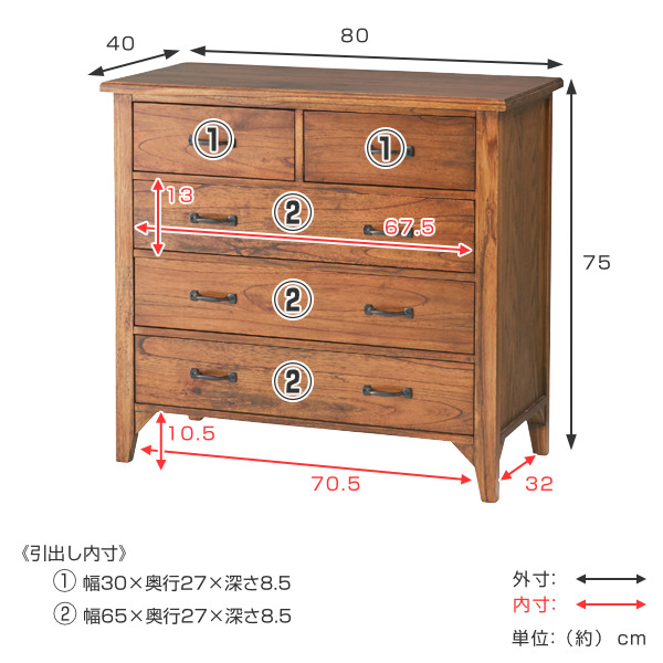 チェスト 4段 洋タンス 天然木 レトロ調 Timber 幅80cm （ 収納