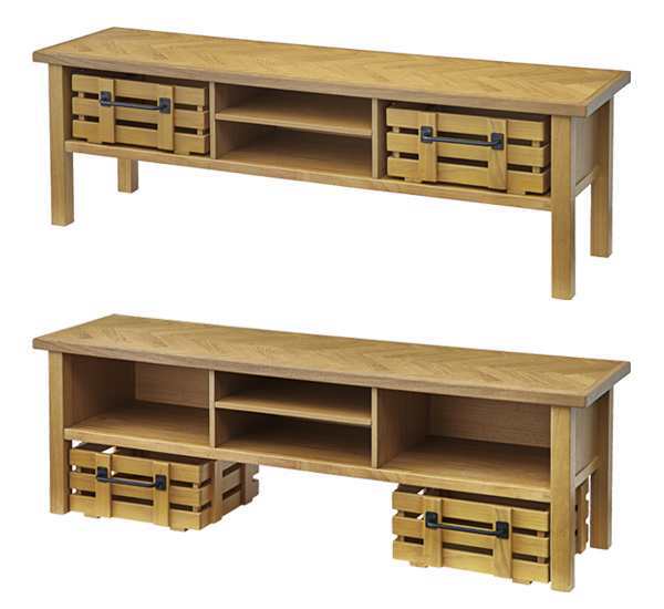 テレビ台 ローボード 幅150cm 天然木 木製カゴ付 ヘリンボーン組木 ( テレビボード テレビラック TVボード 完成品 TV台 AVラック AVボード 木製 収納 棚 引き出し オーク ) 【ダークブラウン】 ダークブラウン