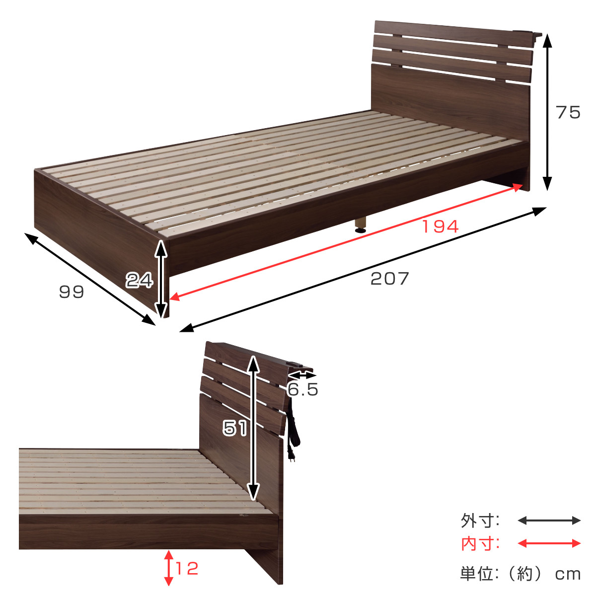 ベッド シングルベッド すのこ状 ( ベッドフレーム シングル すのこベッド 床板 木製 ベッド本体 ヘッドボード コンセント 寝具 寝室 子供部屋 シングルサイズ 一人暮らし スタイリッシュ 通気性 )