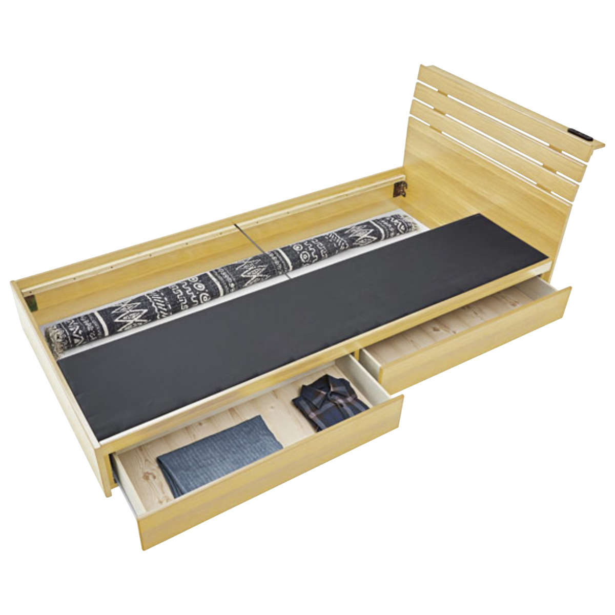 ベッド シングルベッド 収納付 引出し コンセント付 ブラウン ( ベット フレーム シングル ベッド下収納 収納 ヘッドボード 引きだし 引き出し 付き 木製ベット ベッドフレーム 2口 コンセント ) 【ナチュラル】 ナチュラル