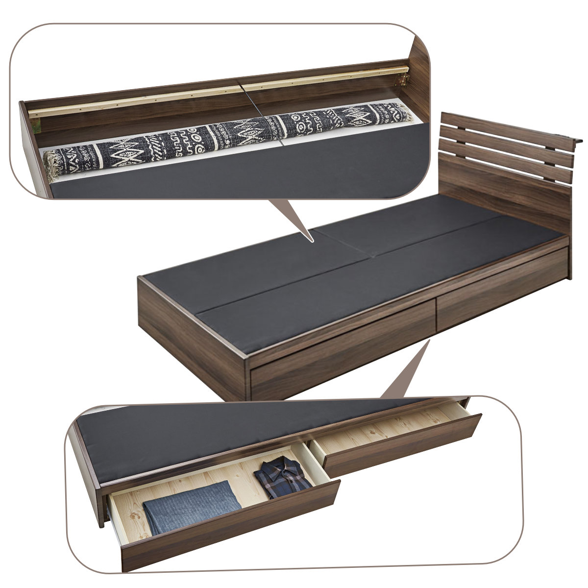 ベッド シングルベッド 収納付 引出し コンセント付 ブラウン ( ベット フレーム シングル ベッド下収納 収納 ヘッドボード 引きだし 引き出し 付き 木製ベット ベッドフレーム 2口 コンセント ) 【ナチュラル】 ナチュラル