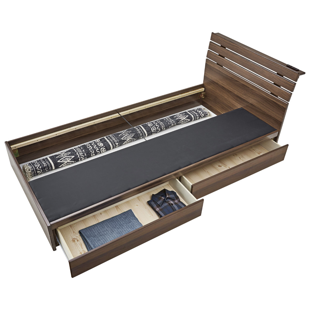 ベッド シングルベッド 収納付 引出し コンセント付 ブラウン ( ベット フレーム シングル ベッド下収納 収納 ヘッドボード 引きだし 引き出し 付き 木製ベット ベッドフレーム 2口 コンセント ) 【ナチュラル】 ナチュラル