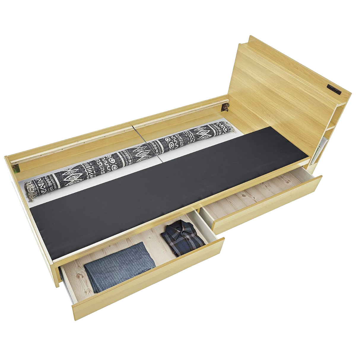 ベッド シングルベッド 収納 宮付 引出し コンセント付 ブラウン ( ベット フレーム シングル ベッド下収納 棚 宮 付き ヘッドボード 引きだし 引き出し 木製ベット ベッドフレーム 2口 コンセント ) 【ナチュラル】 ナチュラル