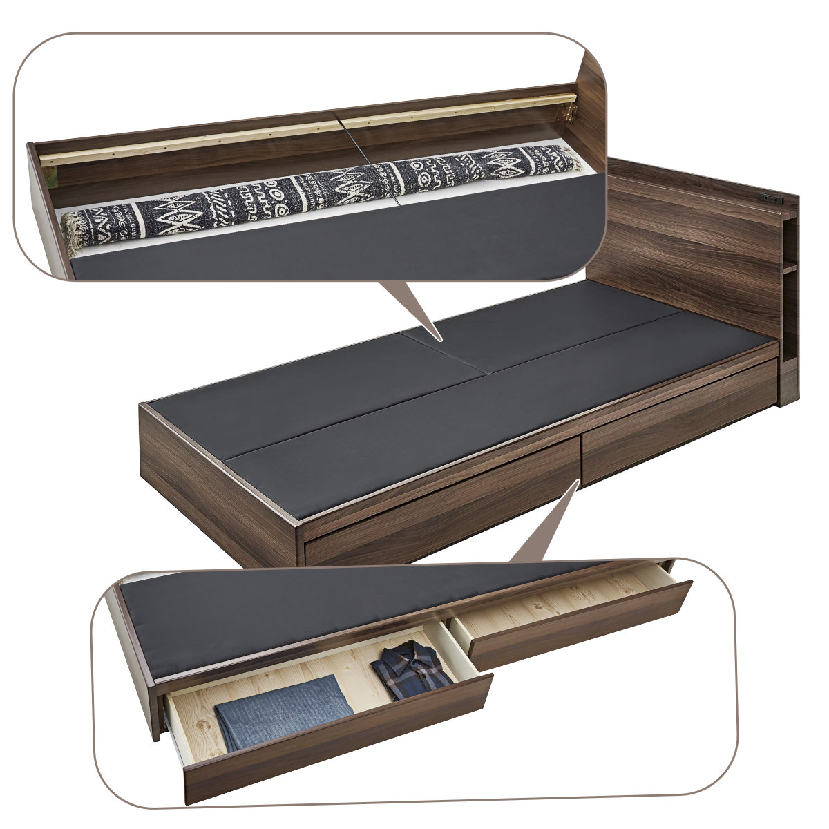 ベッド シングルベッド 収納 宮付 引出し コンセント付 ブラウン ( ベット フレーム シングル ベッド下収納 棚 宮 付き ヘッドボード 引きだし 引き出し 木製ベット ベッドフレーム 2口 コンセント ) 【ナチュラル】 ナチュラル