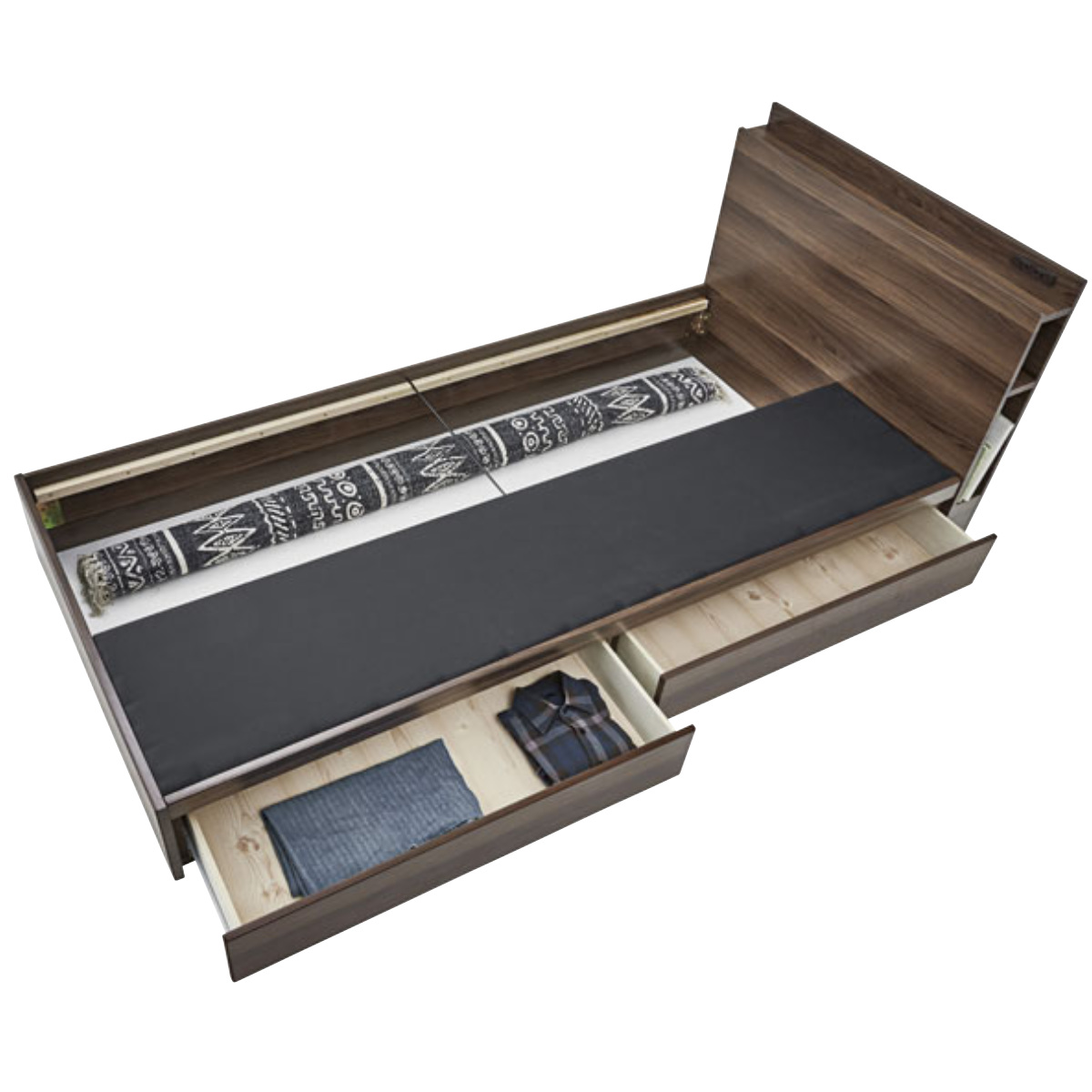 ベッド シングルベッド 収納 宮付 引出し コンセント付 ブラウン ( ベット フレーム シングル ベッド下収納 棚 宮 付き ヘッドボード 引きだし 引き出し 木製ベット ベッドフレーム 2口 コンセント ) 【ナチュラル】 ナチュラル