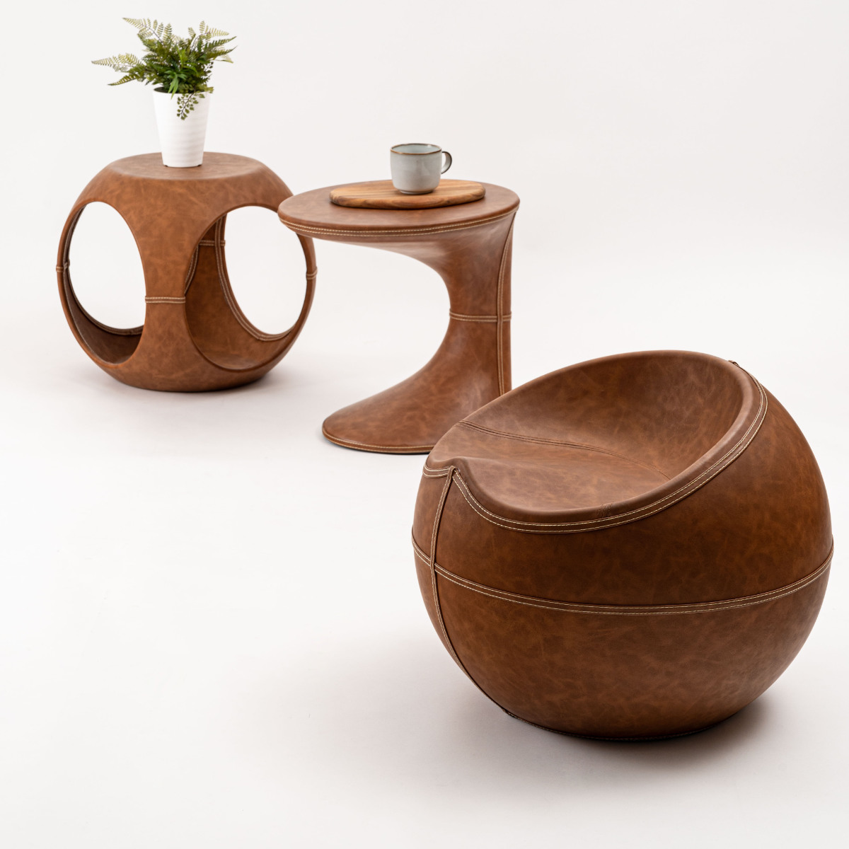 スツール 座面高35cm 円型 ソフトレザー ( レザー調 丸 椅子 ラウンド チェア 腰掛け ステッチ ブラウン グレー モダン ビンテージ調 おしゃれ 高級感 ホテルライク ) 【ブラウン】 ブラウン