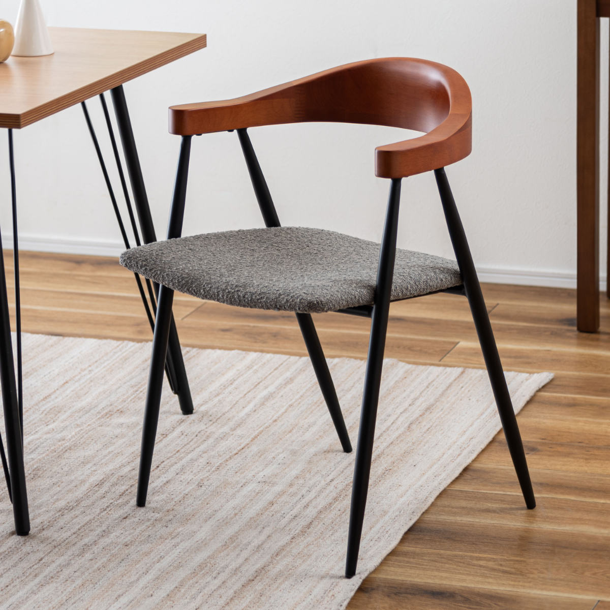ダイニングチェア 座面高44cm スチール脚 ( チェア 椅子 ファブリック 曲木 ブラウン グレー 肘付き 肘掛 異素材 シンプル ビンテージ調 ) 【ブラウン】 ブラウン