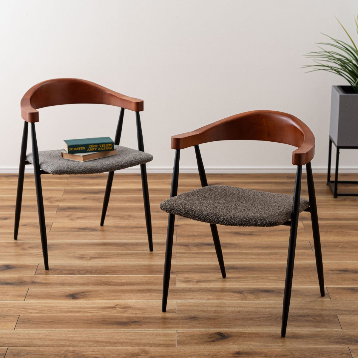 ダイニングチェア 座面高44cm スチール脚 ( チェア 椅子 ファブリック 曲木 ブラウン グレー 肘付き 肘掛 異素材 シンプル ビンテージ調 ) 【ブラウン】 ブラウン