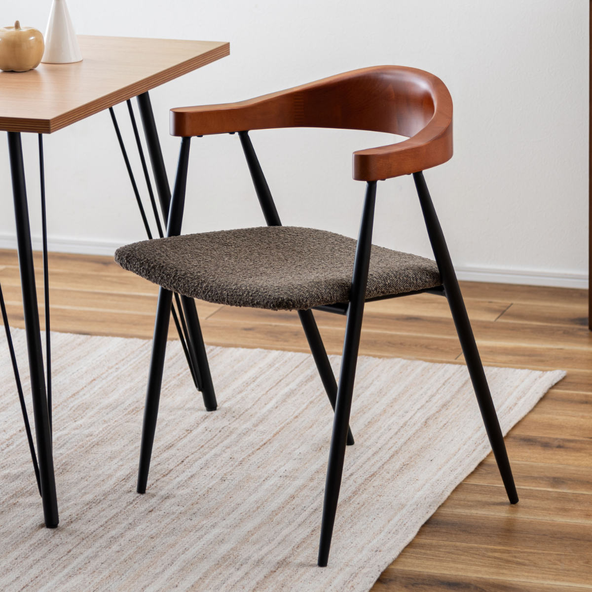ダイニングチェア 座面高44cm スチール脚 ( チェア 椅子 ファブリック 曲木 ブラウン グレー 肘付き 肘掛 異素材 シンプル ビンテージ調 ) 【ブラウン】 ブラウン