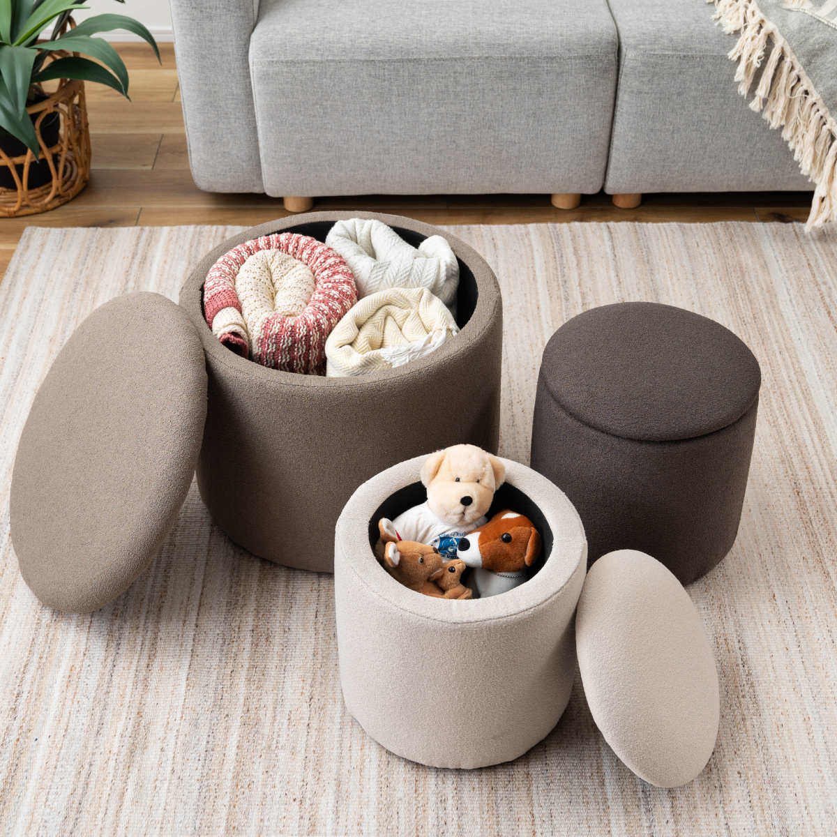 スツール 円型 高さ37cm 収納付 ( 丸 ラウンドスツール 椅子 ファブリック ナチュラル オットマン おもちゃ入れ 小物入れ サイドテーブル リビング 玄関 ) 【ベージュ】 ベージュ