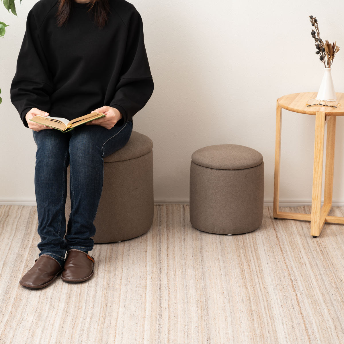 スツール 円型 高さ37cm 収納付 ( 丸 ラウンドスツール 椅子 ファブリック ナチュラル オットマン おもちゃ入れ 小物入れ サイドテーブル リビング 玄関 ) 【ベージュ】 ベージュ