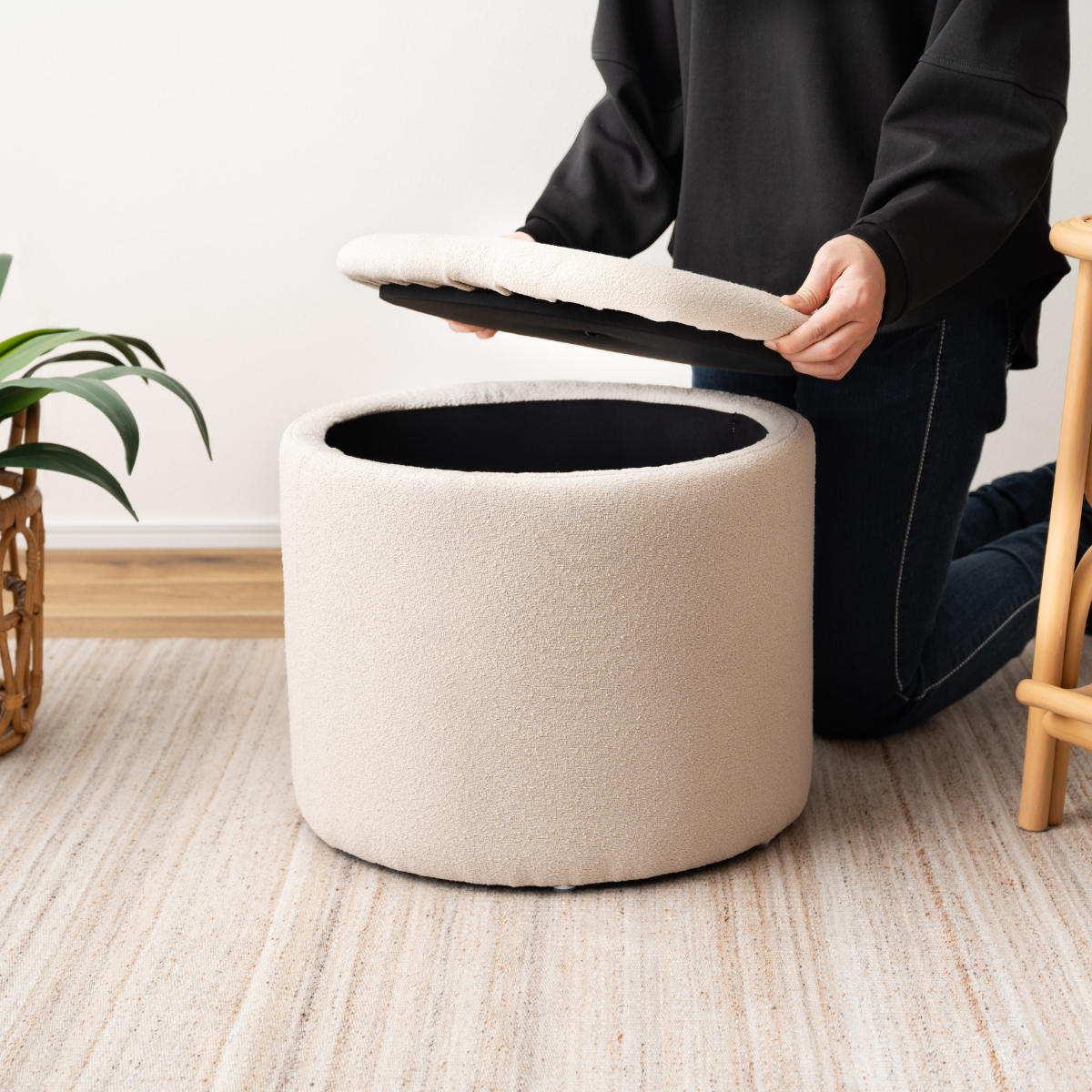 スツール 円型 高さ37cm 収納付 ( 丸 ラウンドスツール 椅子 ファブリック ナチュラル オットマン おもちゃ入れ 小物入れ サイドテーブル リビング 玄関 ) 【ベージュ】 ベージュ