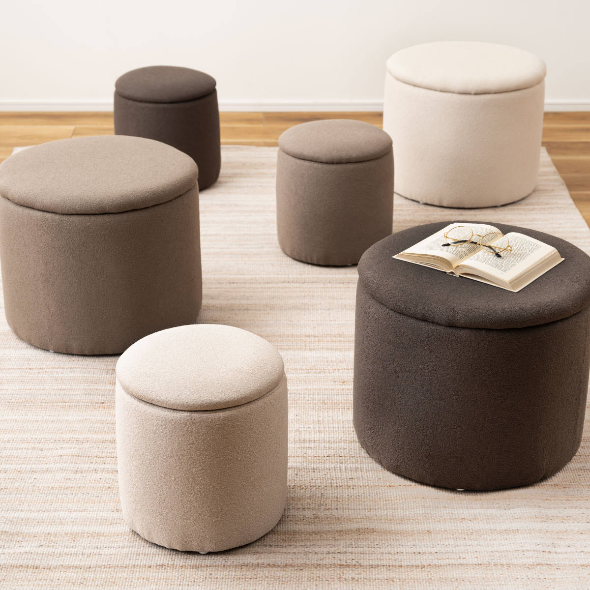 スツール 円型 高さ37cm 収納付 ( 丸 ラウンドスツール 椅子 ファブリック ナチュラル オットマン おもちゃ入れ 小物入れ サイドテーブル リビング 玄関 ) 【ベージュ】 ベージュ