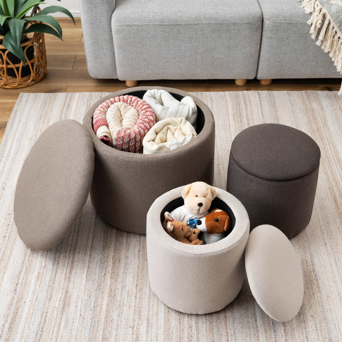 スツール 円型 高さ32cm 収納付 ( 丸 ラウンドスツール 椅子 ファブリック ナチュラル オットマン おもちゃ入れ 小物入れ サイドテーブル リビング 玄関 ) 【ベージュ】 ベージュ