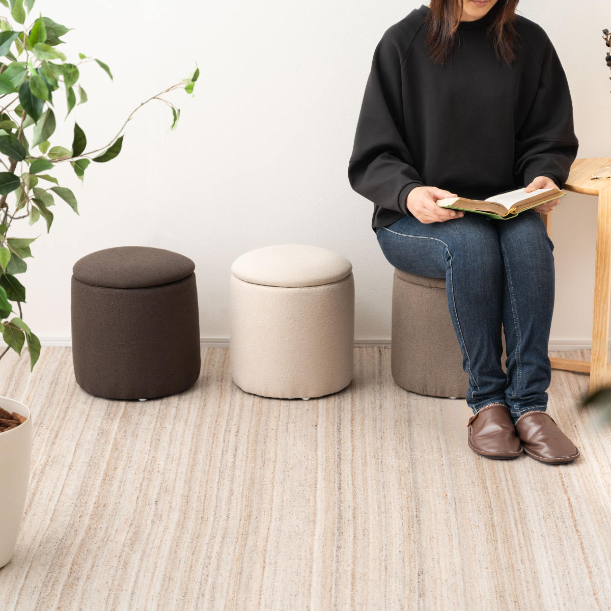 スツール 円型 高さ32cm 収納付 ( 丸 ラウンドスツール 椅子 ファブリック ナチュラル オットマン おもちゃ入れ 小物入れ サイドテーブル リビング 玄関 ) 【ベージュ】 ベージュ